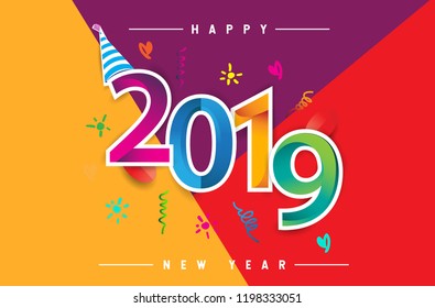 Happy New Year 2019 background decoration. Greeting card design template with colorful confetti isolated on colorful geometric background