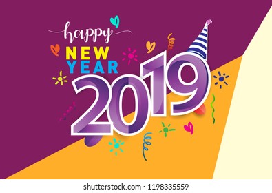 Happy New Year 2019 background decoration. Greeting card design template with colorful confetti isolated on colorful geometric background