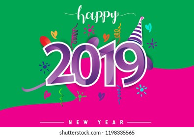 Happy New Year 2019 background decoration. Greeting card design template with colorful confetti isolated on colorful geometric background