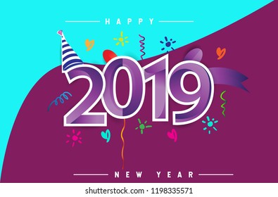 Happy New Year 2019 background decoration. Greeting card design template with colorful confetti isolated on colorful geometric background