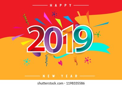 Happy New Year 2019 background decoration. Greeting card design template with colorful confetti isolated on colorful geometric background