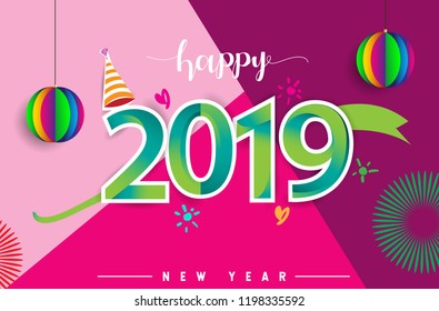 Happy New Year 2019 background decoration. Greeting card design template with colorful confetti isolated on colorful geometric background