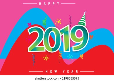 Happy New Year 2019 background decoration. Greeting card design template with colorful confetti isolated on colorful geometric background