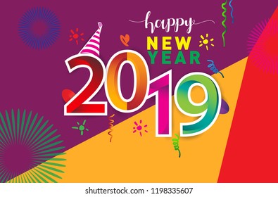 Happy New Year 2019 background decoration. Greeting card design template with colorful confetti isolated on colorful geometric background