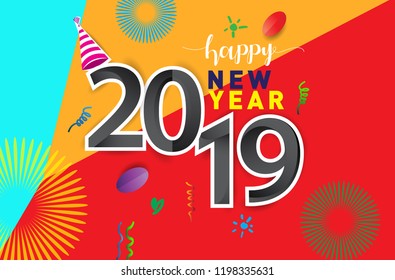 Happy New Year 2019 background decoration. Greeting card design template with colorful confetti isolated on colorful geometric background