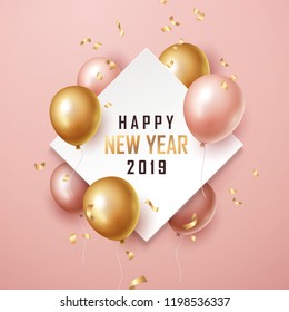 Happy new year 2019 background with floating party balloons. Vector illustration