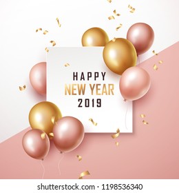 Happy New Year 2019 Background With Floating Party Balloons. Vector Illustration