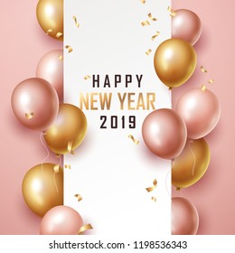 Happy new year 2019 background with floating party balloons. Vector illustration