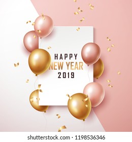 Happy New Year 2019 Background With Floating Party Balloons. Vector Illustration