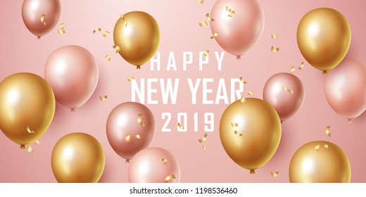 Happy new year 2019 background with floating party balloons. Vector illustration