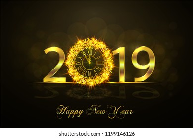 Happy New Year 2019. Background with golden sparkling texture. Gold Numbers 1, 2, 9 with golden clock.. Vector Illustration for holiday greeting card, invitation, calendar poster banner