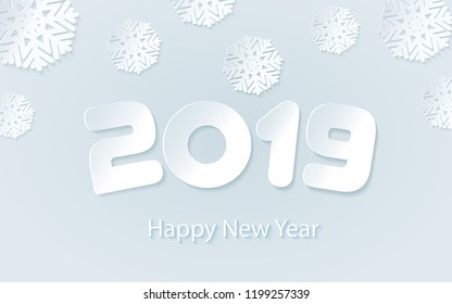 Happy New Year 2019 background with paper cuttings. Numbers 1, 2, 9 and snowflake cut from paper for holiday greeting card, invitation, calendar poster, banner. Vector Illustration .