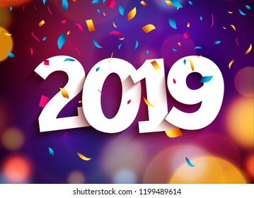 Happy New Year 2019 background decoration. Greeting card design template 2019 confetti. Vector illustration of date 2019 year. Celebrate brochure or flyer.