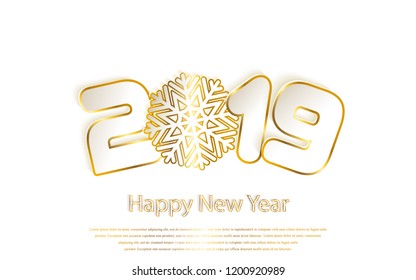 Happy New Year 2019 background with paper cuttings. Gold numbers 1, 2, 9 and snowflake cut from paper for holiday greeting card, invitation, calendar. Vector Illustration with golden sparkling texture