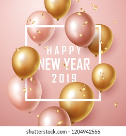 Happy new year 2019 background with floating party balloons. Vector illustration