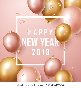 Happy new year 2019 background with floating party balloons. Vector illustration