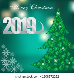 Happy New Year 2019 background decoration. Greeting card design template. Brochure or flyer for the holiday. Vector illustration
