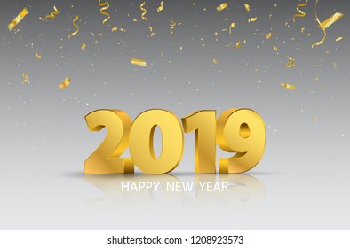 Feliz Año Nuevo 2019. Confección dorada de plantilla de diseño de tarjeta de felicitación. Celebra el folleto o el volante.