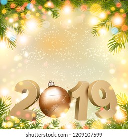 Alles Gute zum Neujahr 2019 mit Baum und Ball. Vektorgrafik.