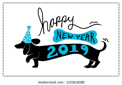 Happy New Year 2019 background design with cute fun dachshund doxie dog wearing blue party hat with bone pattern and 2019 typography on the puppy vector silhouette, with bone border