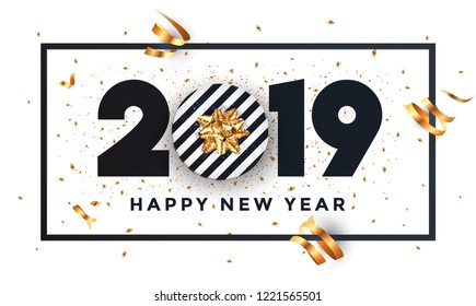 Happy New Year 2019 background with golden gift bow. Vector Illustration