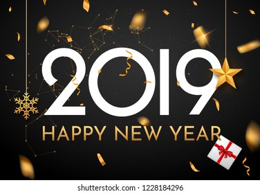 Happy New Year 2019 background decoration. Greeting card design template 2019 confetti.