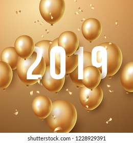 Happy new year 2019 background with floating party balloons. Vector illustration