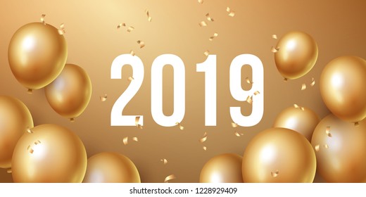 Fondo de feliz año nuevo 2019 con globos flotantes del partido. Ilustración vectorial