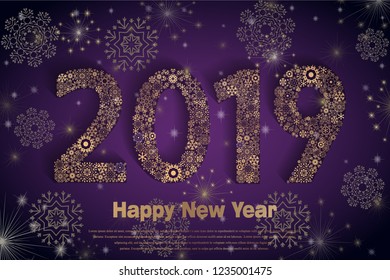 Happy New Year 2019. Background with golden sparkling texture snowflake. Patina Gold Numbers 0, 1, 2, 9. Bright foil surface. Vector Illustration for holiday greeting card, invitation, calendar poster
