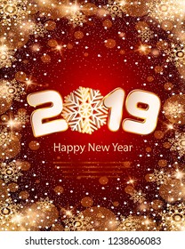 Happy New Year 2019 background with paper cuttings. Numbers 1, 2, 9 and snowflake cut from paper. Vector Illustration. Snow frost effect and snowflakes. Glowing blizzard. Falling round particles.