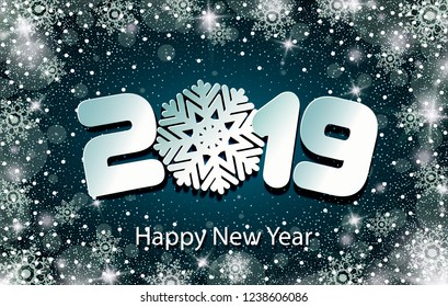 Happy New Year 2019 background with paper cuttings. Numbers 1, 2, 9 and snowflake cut from paper. Vector Illustration. Snow frost effect and snowflakes. Glowing blizzard. Falling round particles.
