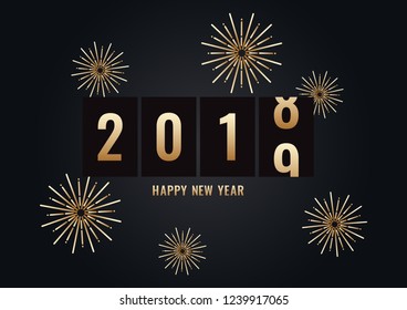 Happy New Year 2019 background. Celebration with golden fireworks luxury, modern style. Vector Illustration