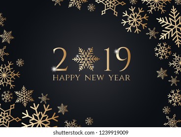 Happy New Year 2019 background. Celebration with golden snow flake luxury, modern style. Vector Illustration