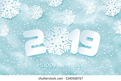 Happy New Year 2019 background with paper cuttings. Numbers 1, 2, 9 and snowflake cut from paper. Vector Illustration. Snow frost effect and snowflakes. Glowing blizzard. Falling round particles.