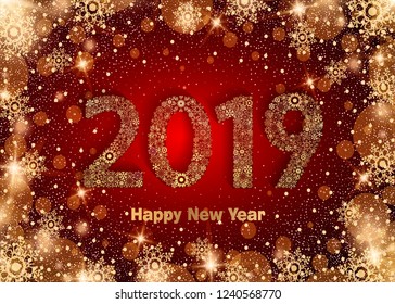 Happy New Year 2019. Background with golden sparkling texture snowflake. Patina Gold Numbers 0, 1, 2, 9. Bright foil surface. Vector Illustration for holiday greeting card, invitation, calendar poster