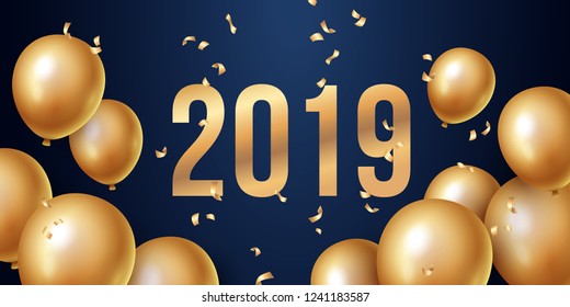 Happy new year 2019 background with floating party balloons. Vector illustration