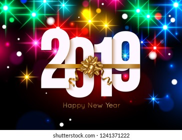 Happy New Year 2019 background with bright fireworks. Vector illustration