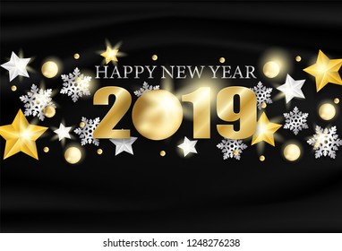 Happy new year 2019 background. Design with gold and silver stars , ball glowing lights on black  fabric background . Vector ,illustration
