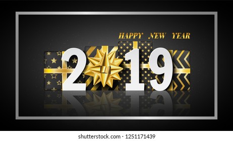 Happy New Year 2019 background with gold gift box, vector Illustration.