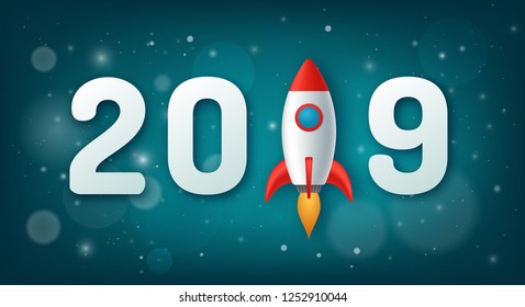 Happy New Year 2019 background with rocket lounch. Greeting card or calendar design template. Element for presentations, flyers, leaflets, postcards and posters. Vector design illustration.