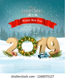 Happy New Year 2019 background with presents and wreath. Vector.