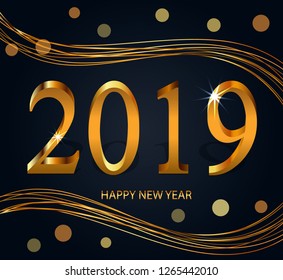 Happy New Year 2019 - New Year background with gold ribbons and bokeh effect - Vector