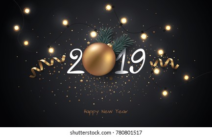 Happy New Year 2019 background with Christmas light and decoration.
