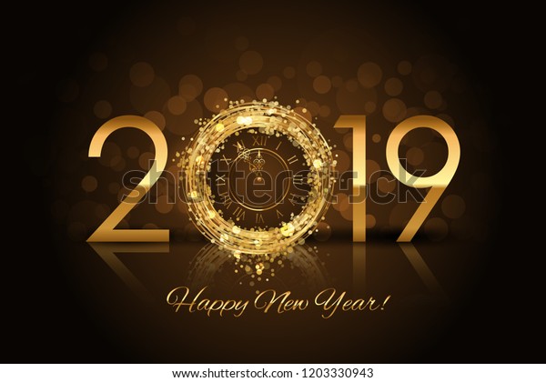 Happy New Year 2019 - New Year background with gold clock