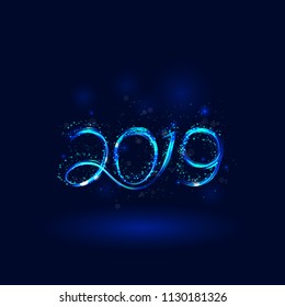 Happy New Year 2019 background.Vector illustration for holiday design.Party poster.Greeting card,banner or invitation template.Abstract burning circles with glitter swirl trail effect background.