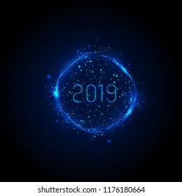 Happy New Year 2019 background.Vector illustration for holiday design.Party poster.Greeting card,banner or invitation template.Abstract burning circles with glitter swirl trail effect background.
