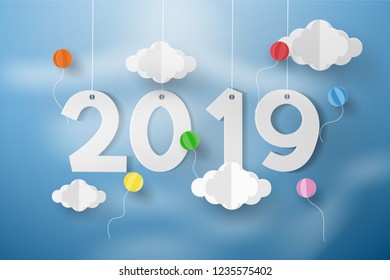 Happy new year 2019, Balloon over cloud with greeting card cover design template,Paper art style.