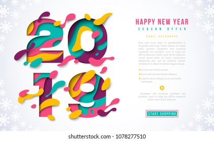 Happy New Year 2019 banner template with abstract paper cut numbers. Vector illustration. Colorful 3D carving art for posters, brochure or voucher discount.