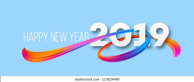 Happy New Year 2019 banner design. Vivid acrylic brushstrokes on winter background. 2019 New Year greeting. Ribbon paint smear. Rainbow brush stroke texture. Postcard design element. Isolated vector