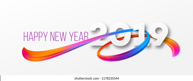 Happy New Year 2019 banner design. Vivid acrylic brushstrokes on white background. 2019 New Year greeting. Ribbon paint smear. Rainbow brush stroke texture. Postcard design element. Isolated vector